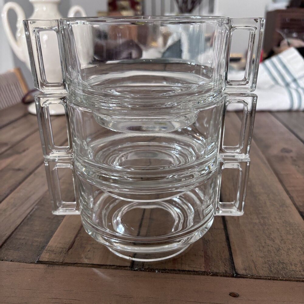 Arno Italy Joe Colombo Glass Footed Soup Bowl Stackable Double Handles Set of 3 - Picture 3 of 5
